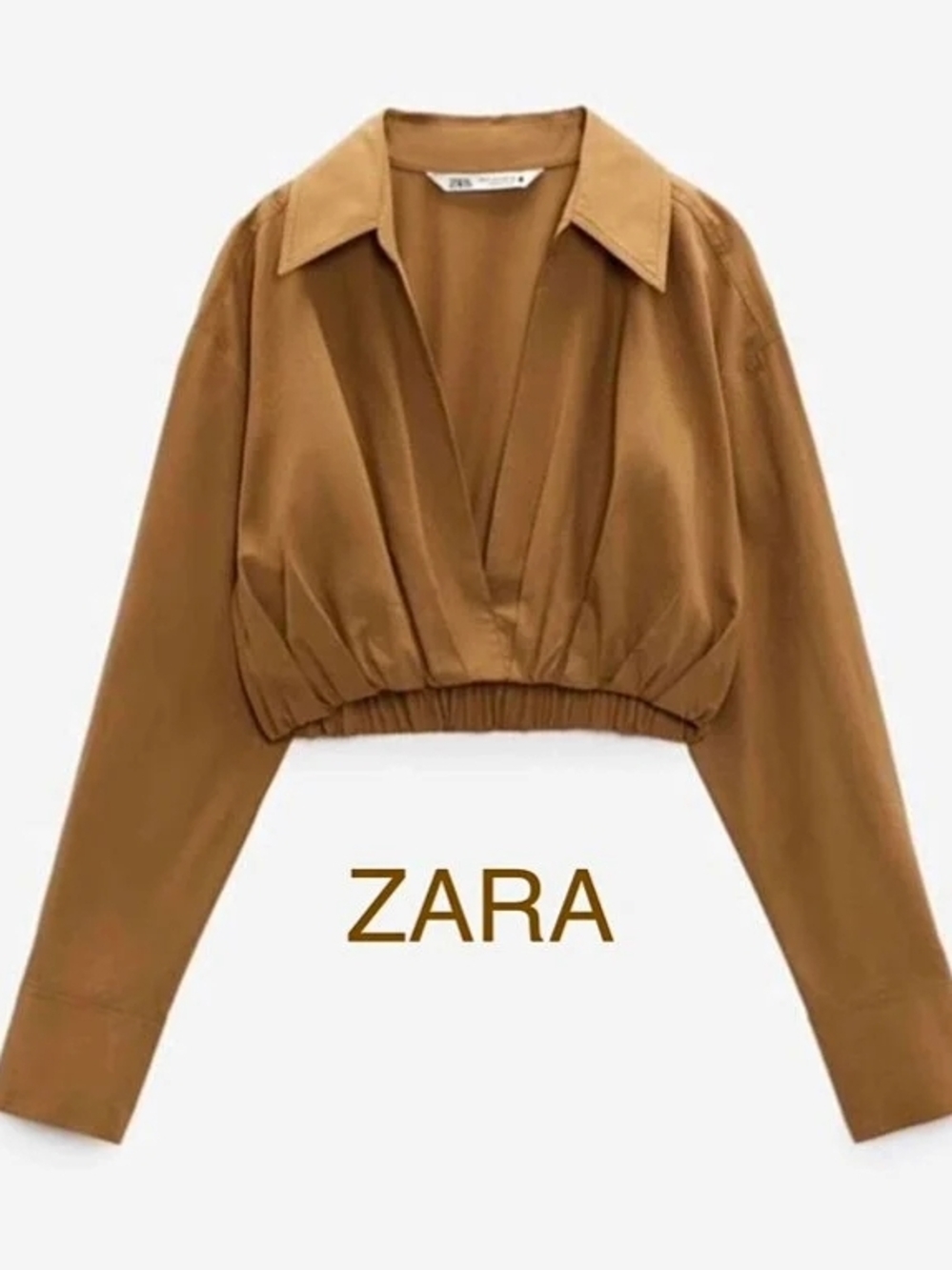 Zara Cropped V-Neck Collared Top in Camel Brown